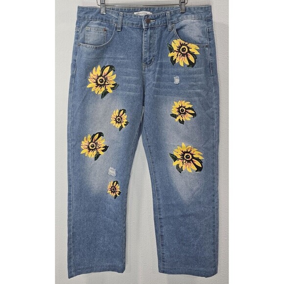 Misslook Denim - Misslook Sunflower Sz XL Jeans Anthropologie Hippie Boho Blue Distressed Denim